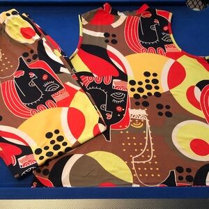 Abstract Pop Art Sleeveless Top and Pants Set - Red, Yellow, Black, Brown